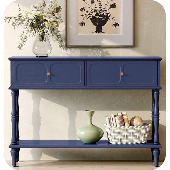 HLR 47" Mid Century Console Tables, Aged Finish Entryway Table with Storage Shelf for Hallway, Navy Blue