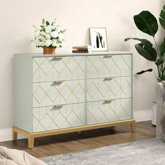HLR Modern 6 Drawers Dresser, Green Wood Dresser for Bedroom Wide Chest of Drawers, Storage Double Dressers Organizer for Bedroom, Living Room