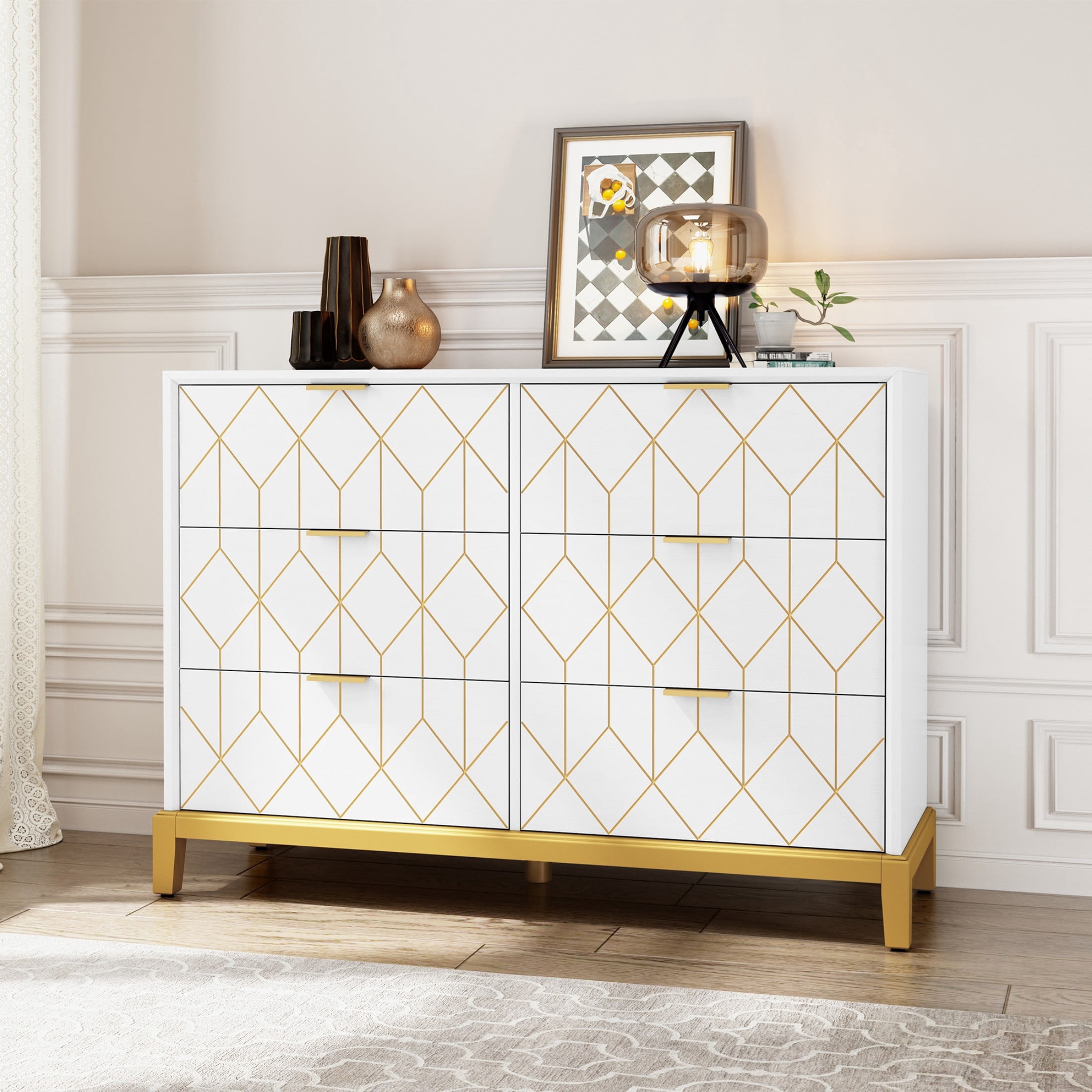 HLR Modern 6 Drawers Dresser, White Wood Dresser for Bedroom Wide Chest of Drawers, Storage Double Dressers Organizer for Bedroom, Living Room