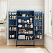 HLR 46 inches Blue Pantry Cabinets, Kitchen Pantry with Doors and Shelves for Kitchen, Blue Pantry Storage Cabinet with Black Metal Base for Living Room and Dining Room