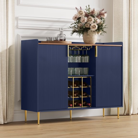 HLR 47.2" Coffee Wine Bar Cabinet with 2 Door, Modern Buffet Sideboard Table for Dining Room, Navy Blue