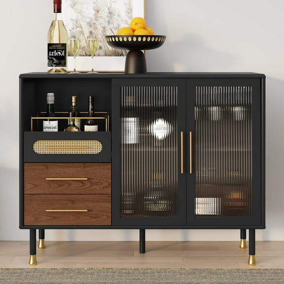 HLR 47.2" Coffee Wine Bar Cabinet with 2 Glass Doors, Modern Buffet Sideboard Table for Dining Room, Black