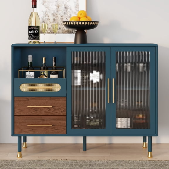 HLR 47.2" Coffee Wine Bar Cabinet with 2 Glass Doors, Modern Buffet Sideboard Table for Dining Room, Blue