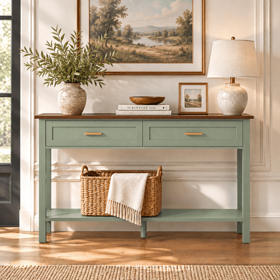 HLR 47.2" Farmhouse Console Tables, Wood Entryway Table with Storage Shelf for Hallway, Foyer, Green