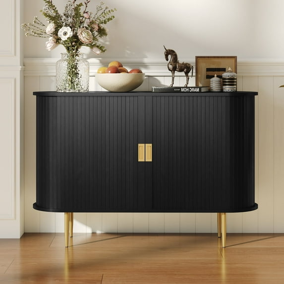 HLR 47.2" W Fluted Sideboard Buffet Cabinet with Storage, Mid-Century Console Table Credenza with Tambour Doors, Black
