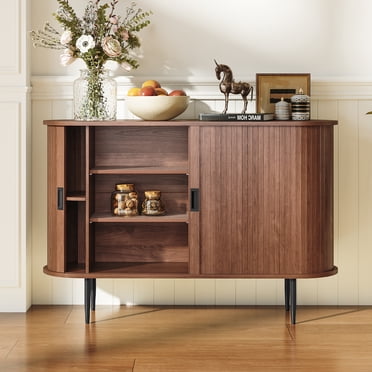 HLR 47.2" W Fluted Sideboard Buffet Cabinet with Storage, Mid-Century Console Table Credenza with Tambour Doors, Brown