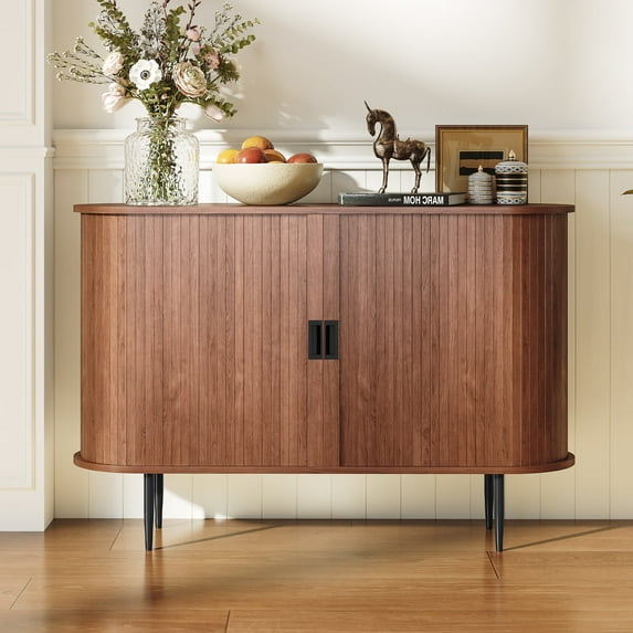 HLR 47.2" W Fluted Sideboard Buffet Cabinet with Storage, Mid-Century Console Table Credenza with Tambour Doors, Brown