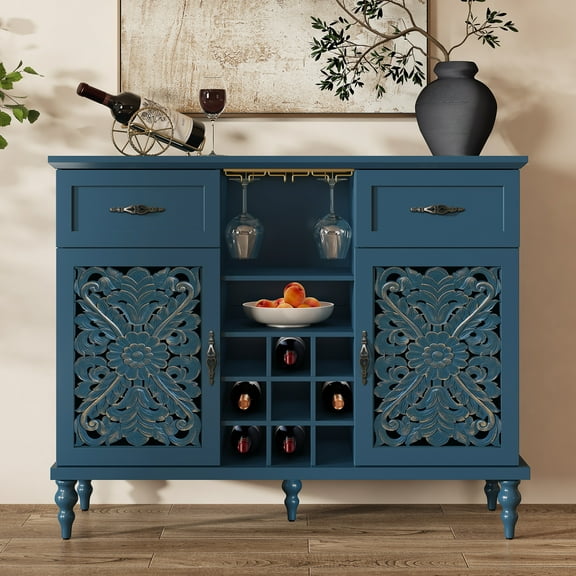 HLR 47.2" Wine Bar Cabinet, Retro Sideboard Buffet Coffee Bar with Storage for Living Room, Blue