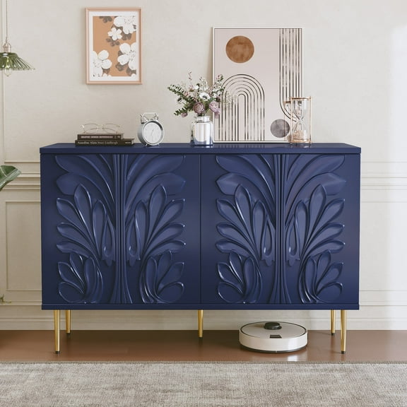 HLR 47.24"W Modern 4-Door Credenza with 3D Floral Doors & Shelves, Storage Sideboard for Dining Room, Kitchen Blue