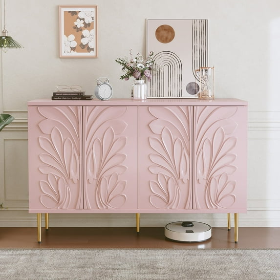 HLR 47.24"W Modern 4-Door Credenza with 3D Floral Doors & Shelves, Storage Sideboard for Dining Room, Kitchen Pink