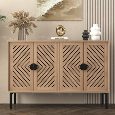 HLR 47" Modern 4-Door Sideboard Buffet Cabinet with Storage and Adjustable Shelves for Dining Room, Light Brown