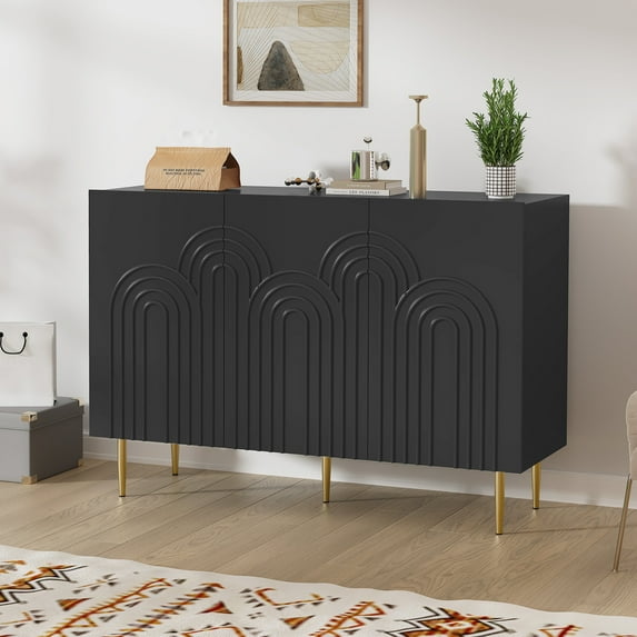 HLR 47" Modern Wood Accent Storage Cabinet with Relief Patterned 3 Doors Buffet Cabinet, Black
