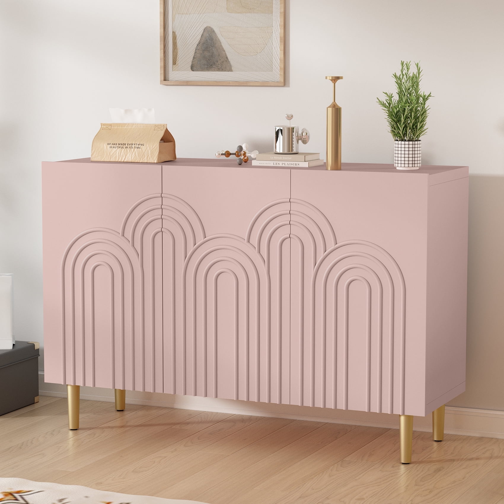 Pink MDF 47" Sideboard Buffet Cabinet with Cloud Relief Design
