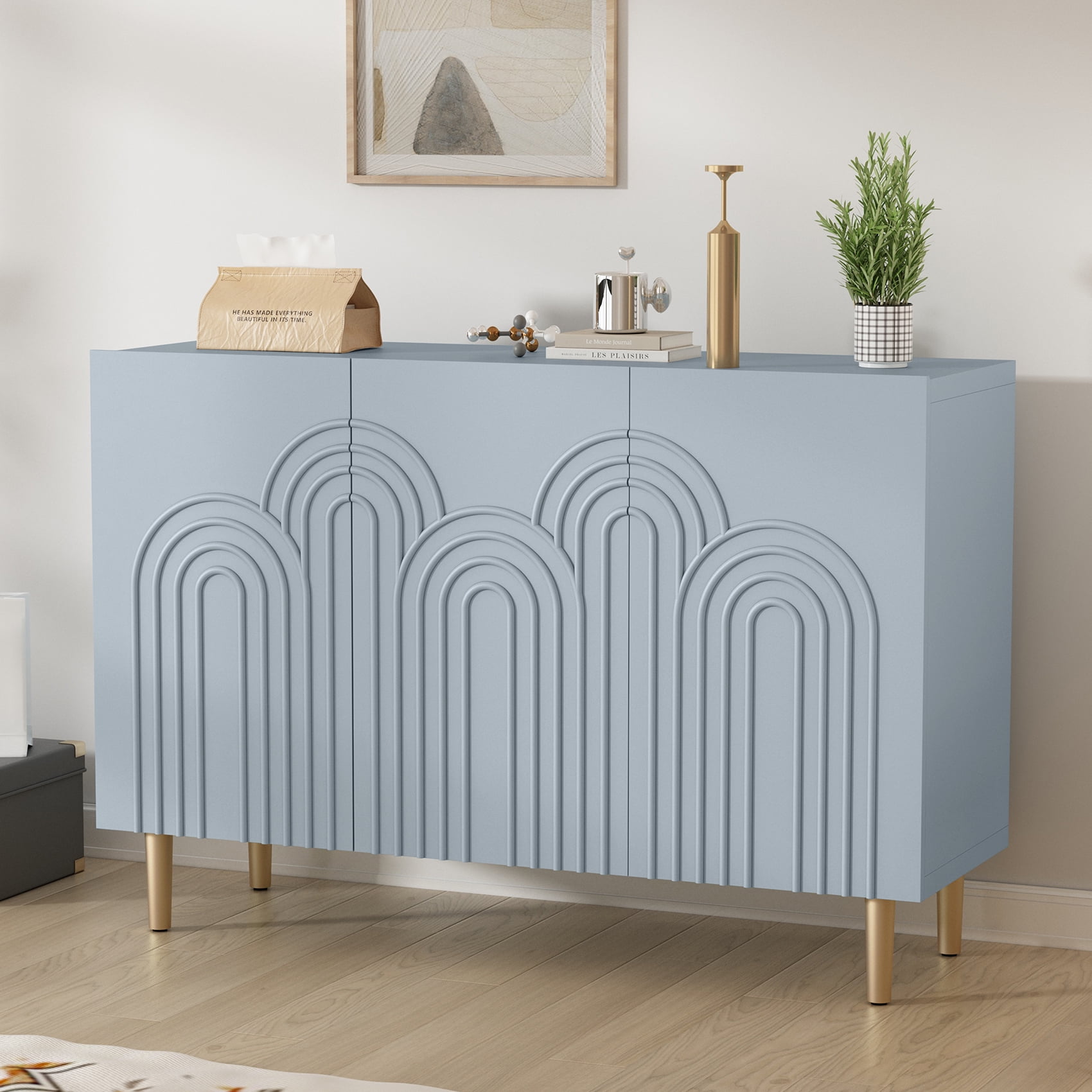 Blue 47" Modern MDF Sideboard with Cloud Relief Pattern