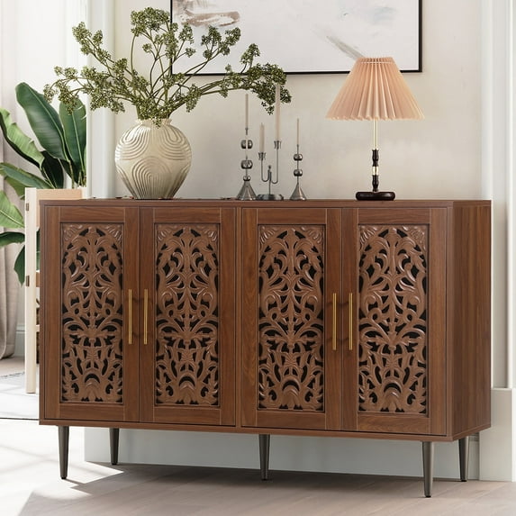 HLR 48" Accent Cabinet with 4 Doors, Vintage Hollow Carving Storage Credenza, Sideboards and Buffets Cabinet for Living Room, Kitchen, Dining Room, Entryway,Brown