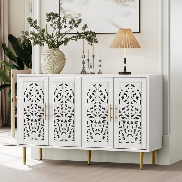 HLR 48" Accent Cabinet with 4 Doors, Vintage Hollow Carving Storage Credenza, Sideboards and Buffets Cabinet for Living Room, Kitchen, Dining Room, Entryway