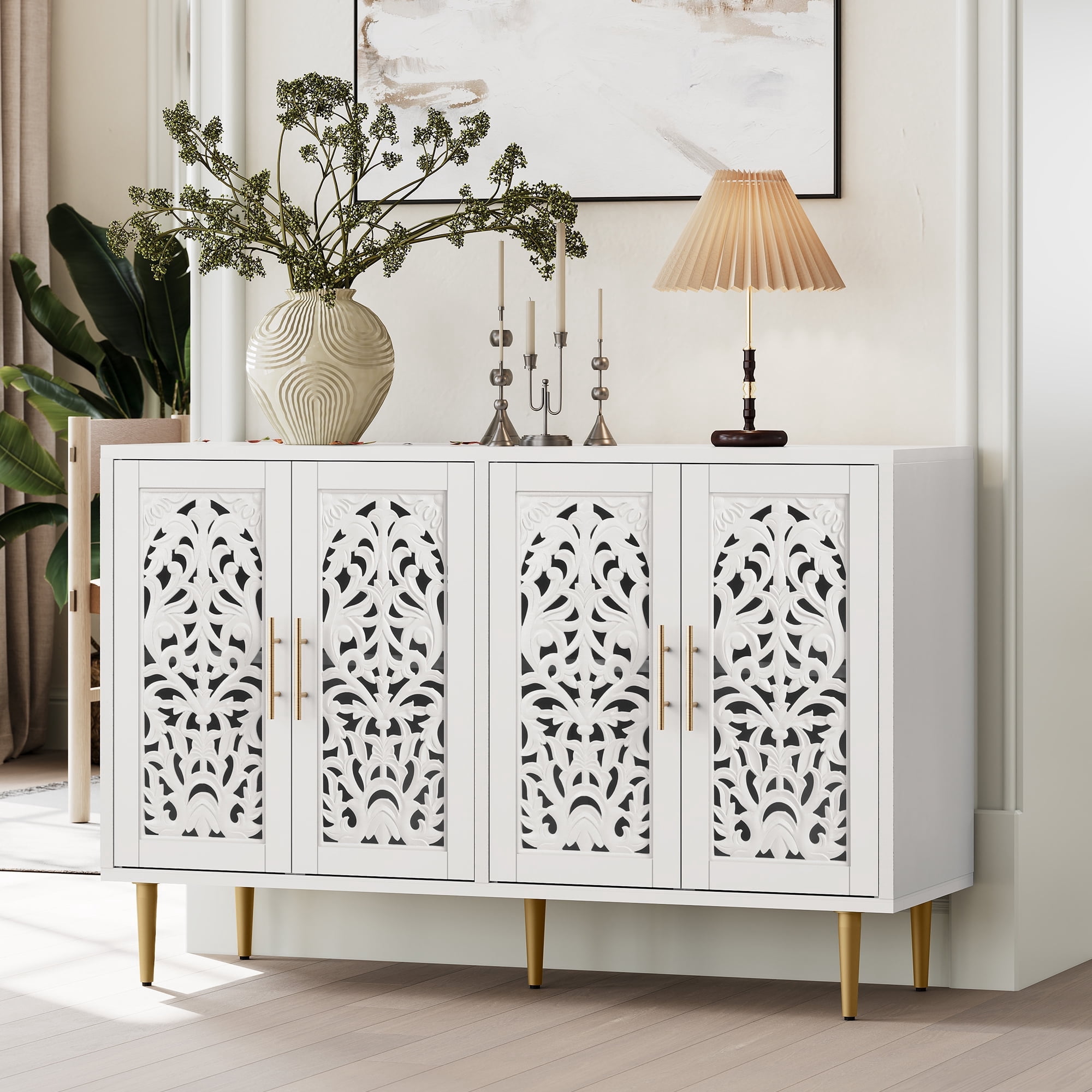 HLR 48 Accent Cabinet 4 Doors Vintage Hollow Carving Storage Credenza Sideboards Buffets Cabinet Living Room Kitchen Dining Room Entryway Brown