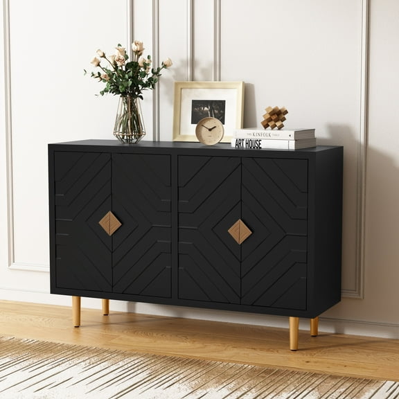 HLR Black 48" Modern Accent Sideboard Buffet Cabinet with 4 Doors Storage & Shelves for Kitchen