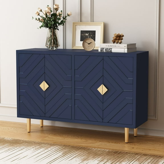 HLR White 48" Modern Accent Sideboard Buffet Cabinet with 4 Doors Storage & Shelves for Kitchen