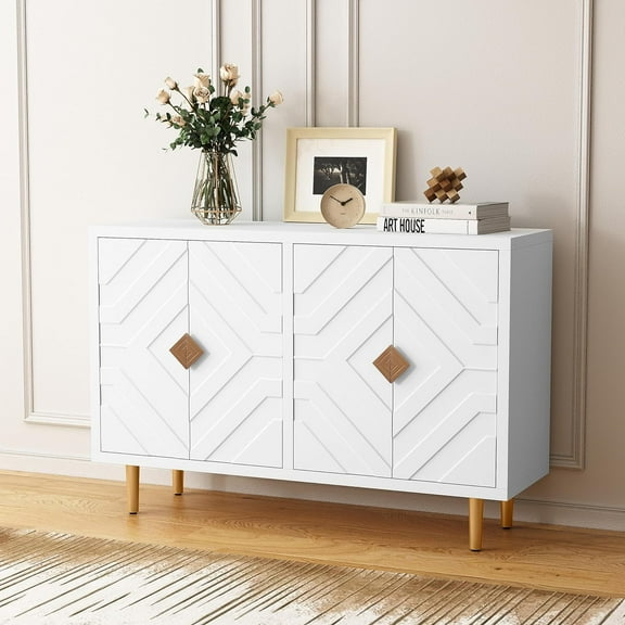 HLR 48'' Buffet Cabinet with 4 Doors and Shelves, Modern Credenza Storage Cabinet with Embossed Pattern Doors, Storage Cabinet Sideboard for Living Room, Kitchen, Dining Room, Hallway, White