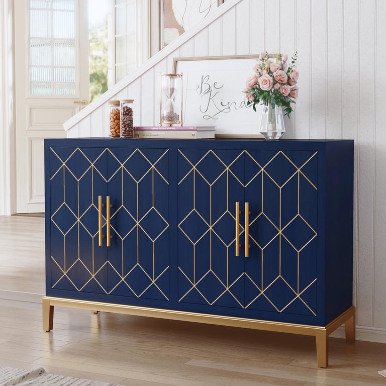 Hlr 48 inch Modern Wood Credenzas & Sideboards with Gold Trim, Storage Cabinet with 4 Doors, Navy Blue, Size: 48.7