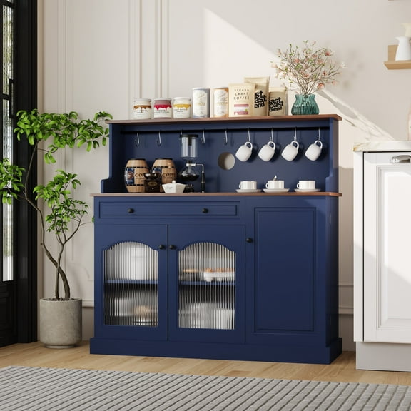 HLR 48" Modern Wood Kitchen Pantry Cabinet, Coffee Bar with Drawer & Microwave Stand, Dining Room, Navy Blue