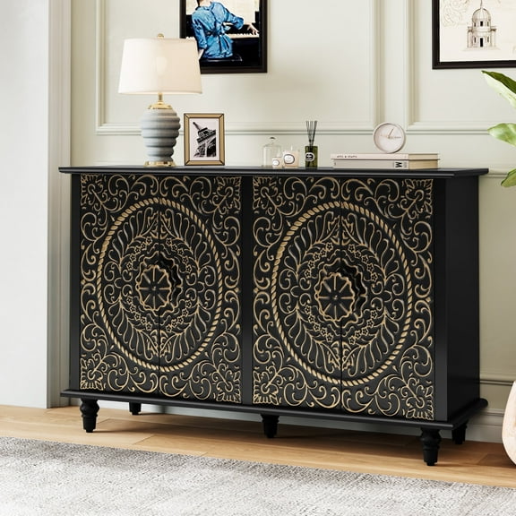HLR 48"W Vintage Wood 4 Doors Sideboard Buffet Cabinet with Storage for Living Room, Credenza Black.