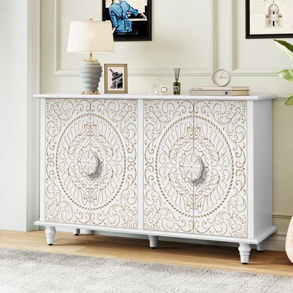HLR 48"W Vintage Wood 4 Doors Sideboard Buffet Cabinet with Storage for Living Room, Credenza White.