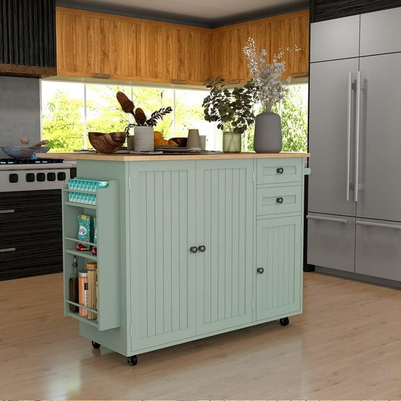 HLR 50.39" Kitchen Island with Storage, Wood Top Cart with Drop Leaf and Wheels, Green