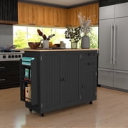 HLR 50.39" Kitchen Islands with Storage, Wood Top Cart with Drop Leaf and Wheels,Black