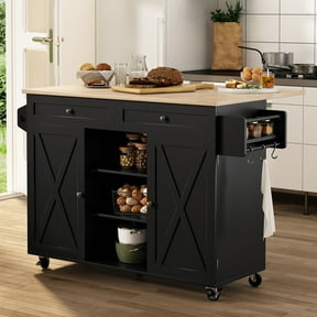 "HLR Black Large Rolling Kitchen Island with Wheels and Storage, 51.7"" W Countertop"