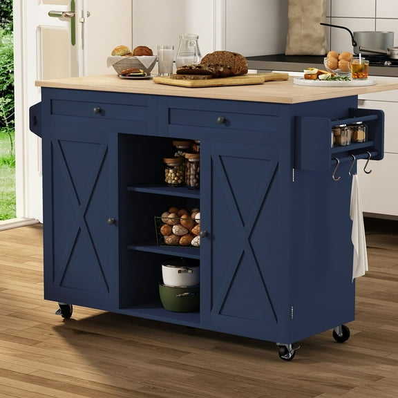 HLR 51.7" W Rolling Kitchen Island On Wheels, Cart With Drop Leaf Countertop with Storage, Blue