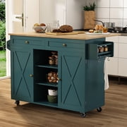 HLR Large Versatile Folding 51.7 W Rolling Kitchen Island with Storage, Green