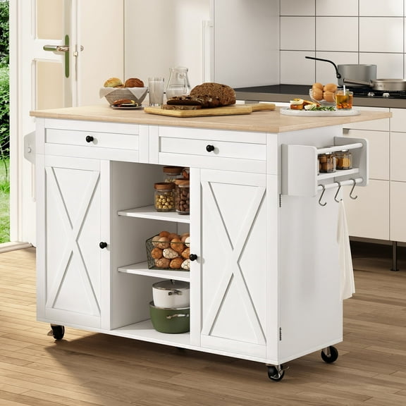 "HLR 51.7"" W Rolling Kitchen Island, Adjustable Shelves, Breakfast Bar with Storage, White"