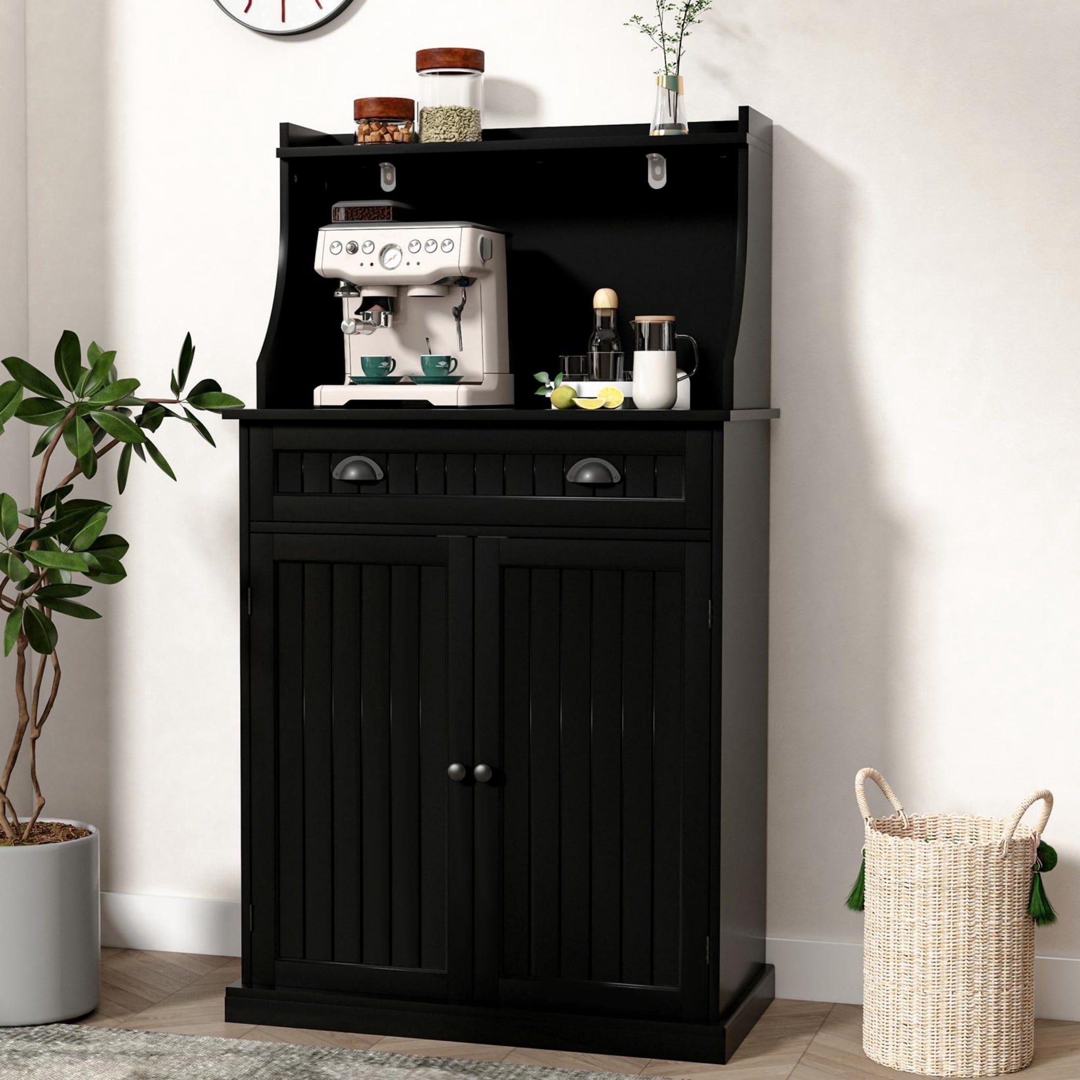 HLR 54" Kitchen Pantry Cabinet with Door & Shelves, Sideboard Buffet Cabinet with Microwave Stand for Dining Room, Black