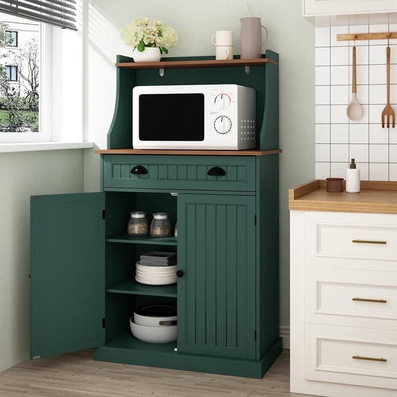 HLR Farmhouse Kitchen Pantry Cabinet with Microwave Stand, 54" Coffee Bar Storage Cabinet, Green