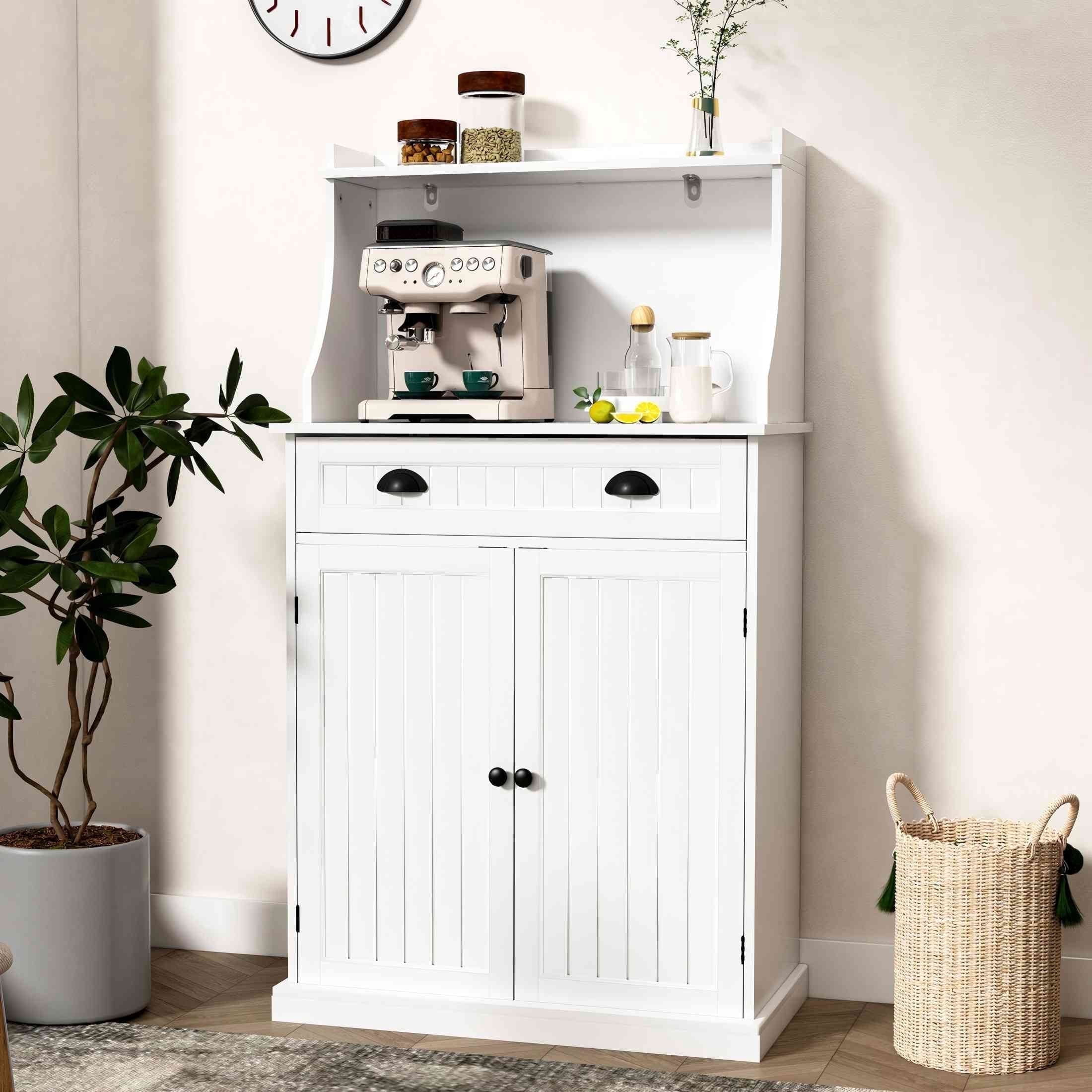 HLR Farmhouse Kitchen Pantry Cabinet with Microwave Stand, 54" Coffee Bar Storage Cabinet,  White