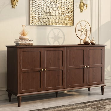 HLR Mid Century 58'' Wood 4 Door Sideboard Buffet Cabinet for Living Dining & Bedroom (Brown)