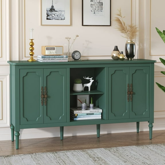 HLR 59" Mid Century Modern Storage Cabinet with Shelf, Vintage Large Sideboard Buffet Cabinet with 4 Doors, Green