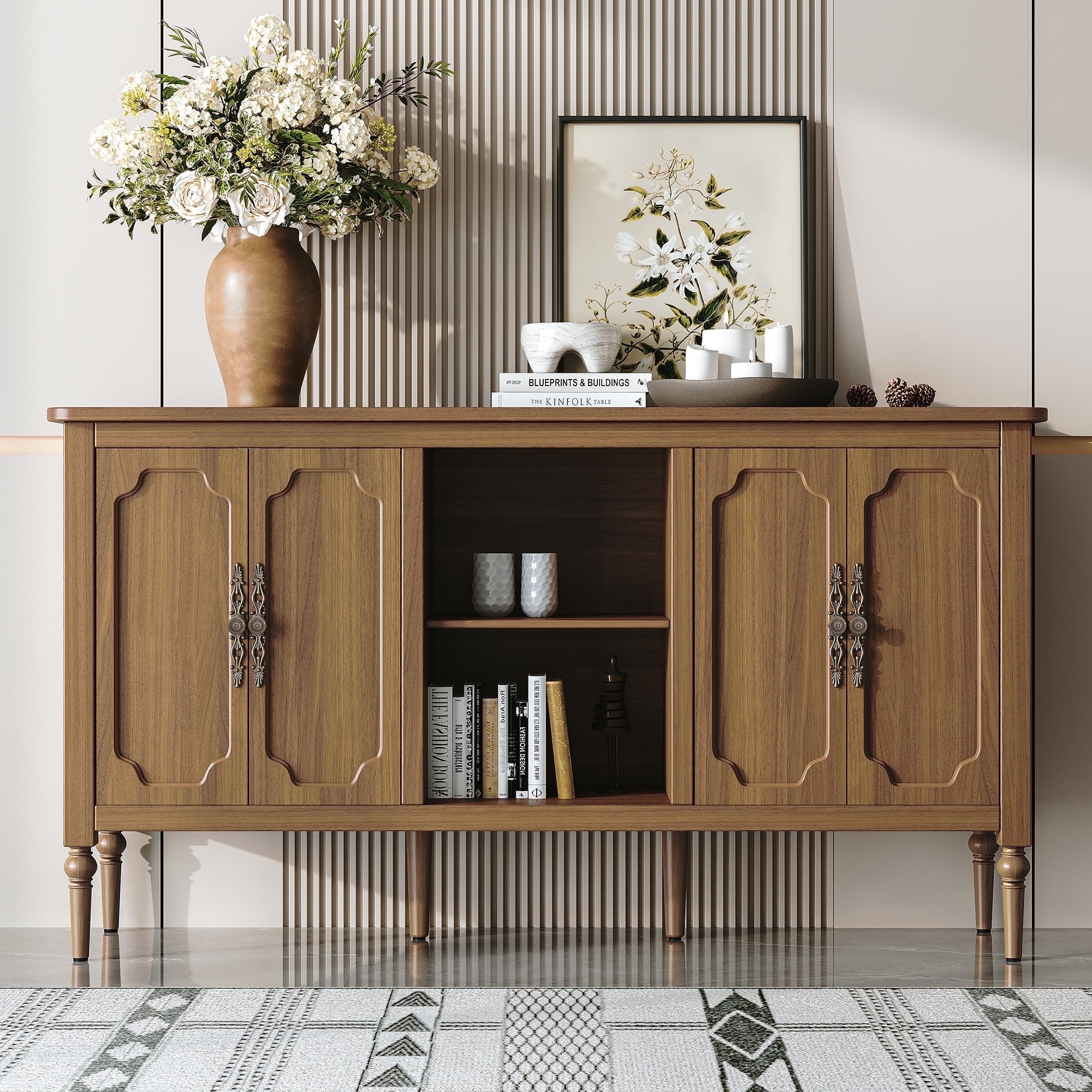HLR 59" Mid Century Modern Sideboard Buffet Cabinet with 4 Doors, Brown Cabinet with Shelf, Vintage Large Sid
