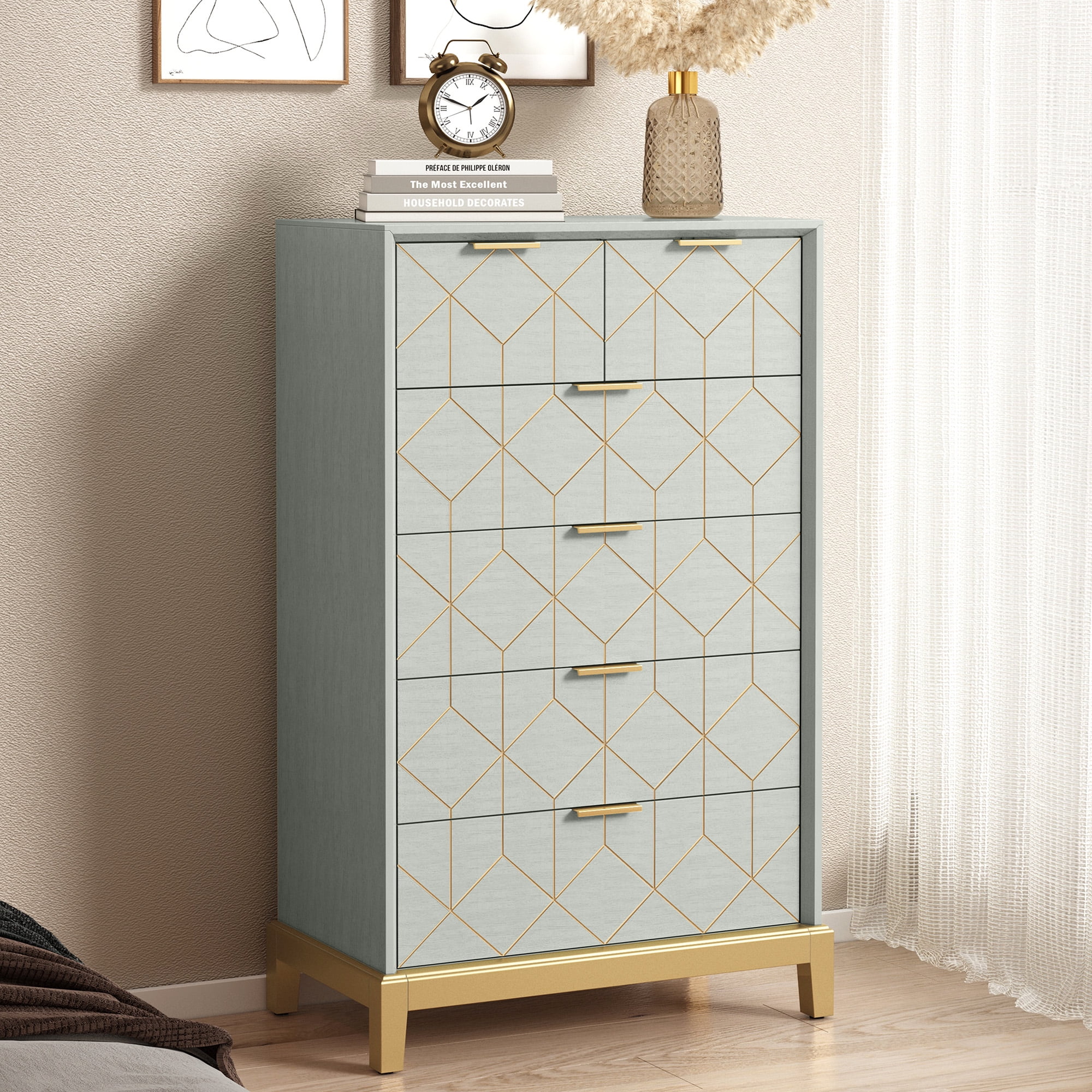 HLR 6 Drawer Wood Large Dresser for Bedroom All Age Modern Chest of Drawers with Gold Trim Green