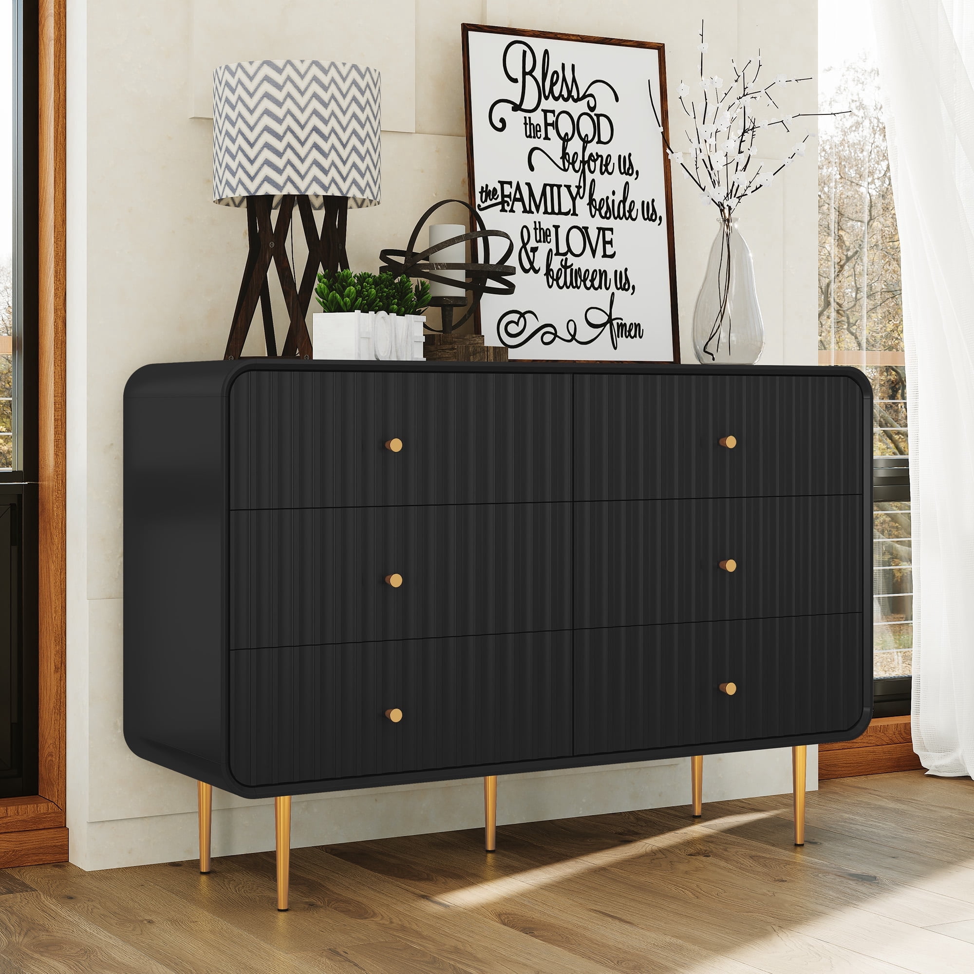 HLR 6 Drawers Dresser for Bedroom, 54'' W Modern Fluted Storage Chest of Drawers for Hallway, Black