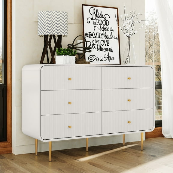 HLR 6 Drawers Dresser for Bedroom, 54'' W Modern Fluted Storage Chest of Drawers for Hallway, White