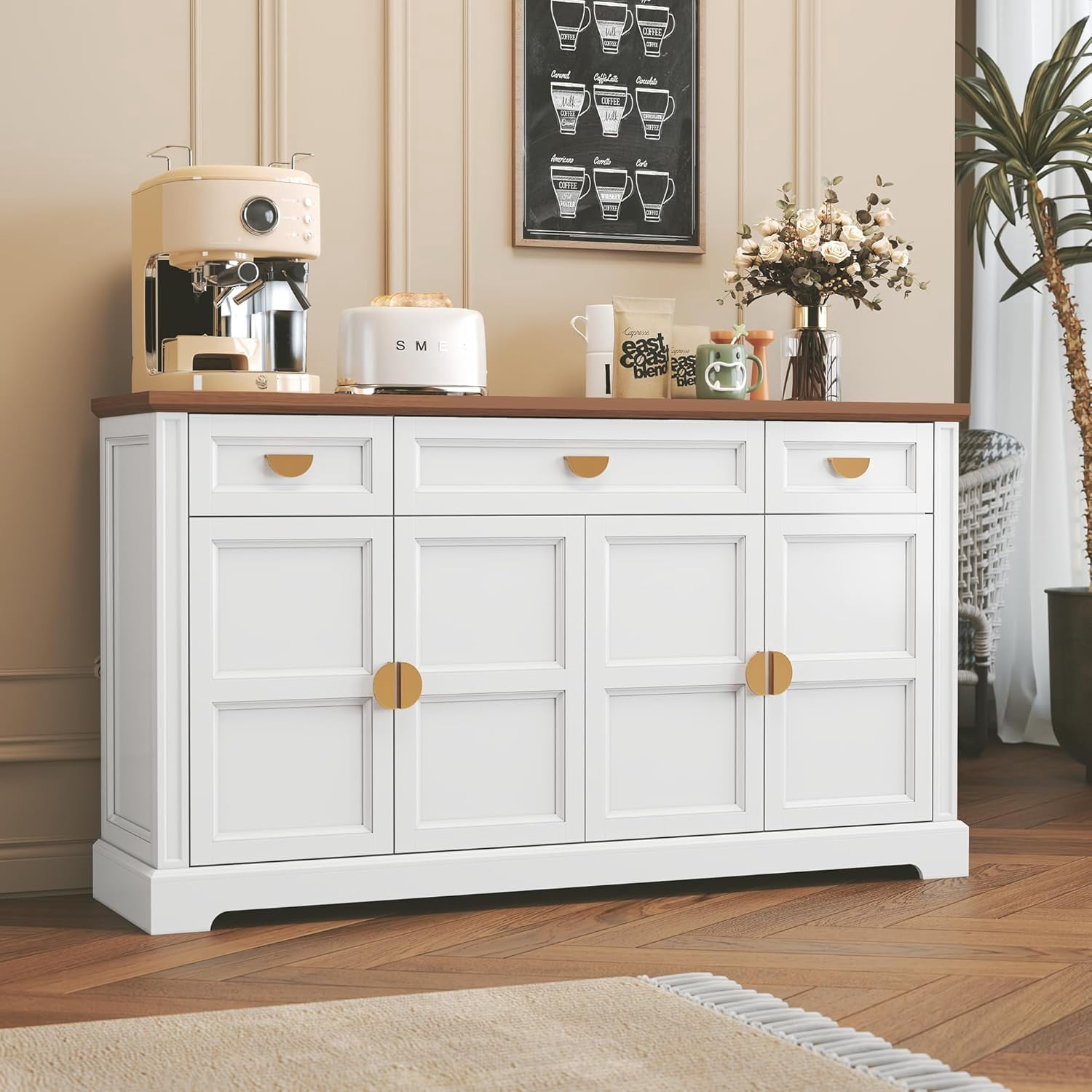 HLR 60” Large Buffet Sideboard Cabinet with 4 Doors and 3 Drawers ...