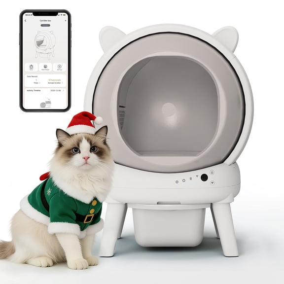 HLR 60L Smart Automatic Self-Cleaning Cat Litter Box, APP Control/Integrated Safety Protection, Cat Ears Design, White