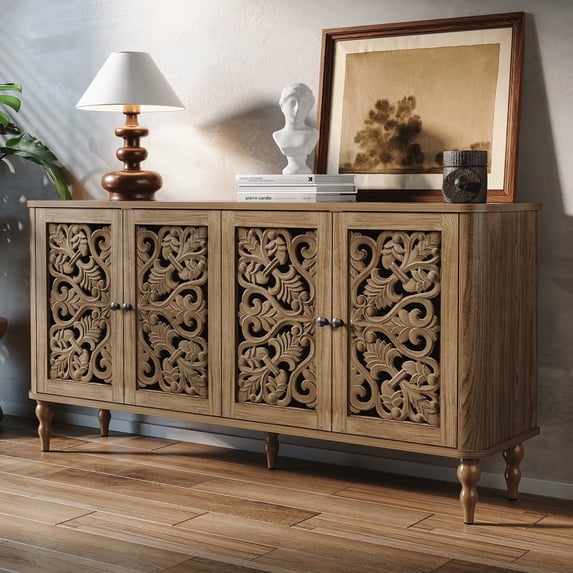 HLR 63" Mid Century Rounded Corners Sideboards Buffets Cabinet with 4 Doors Storage for Kitchen Dining, Brown