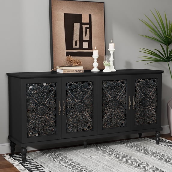 HLR 62'' Mid Century Vintage Sideboards Buffets Cabinet with 4 Doors Storage for Kitchen Dining, Black