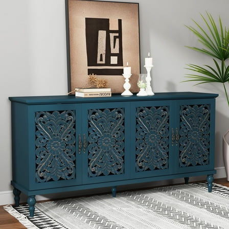 HLR 63'' Mid Century Vintage Sideboards Buffets Cabinet with 4 Doors Storage for Kitchen Dining, Blue