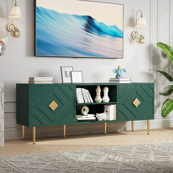 HLR 63'' Modern TV Stand for 65/70/75 inch TV, Entertainment Center with Storage Cabinet, Mid Century Green TV Stand,Embossed Pattern TV Console, TV Media Console for Living Room, Bedroom