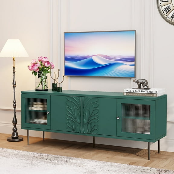HLR 63" Modern Wood TV Stand with 3D Flower Pattern for TVs Up to 75", Entertainment Center with Storage, Green